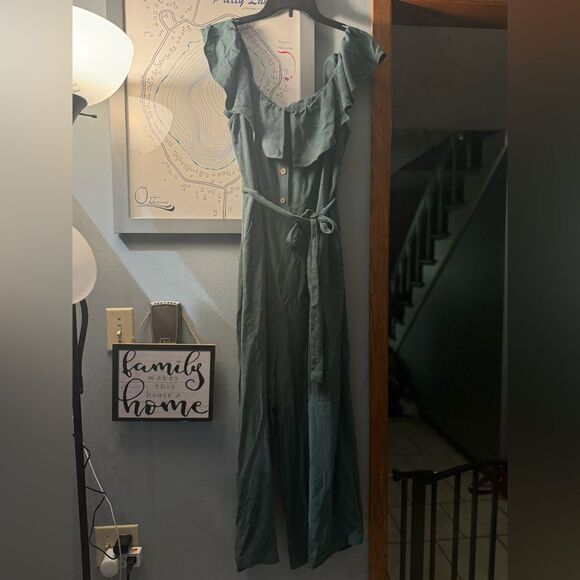 Lulu's Off The Shoulder Dark Sage Green Linen/ Rayon Ankle Length Jumpsuit Sz XL - Picture 7 of 12